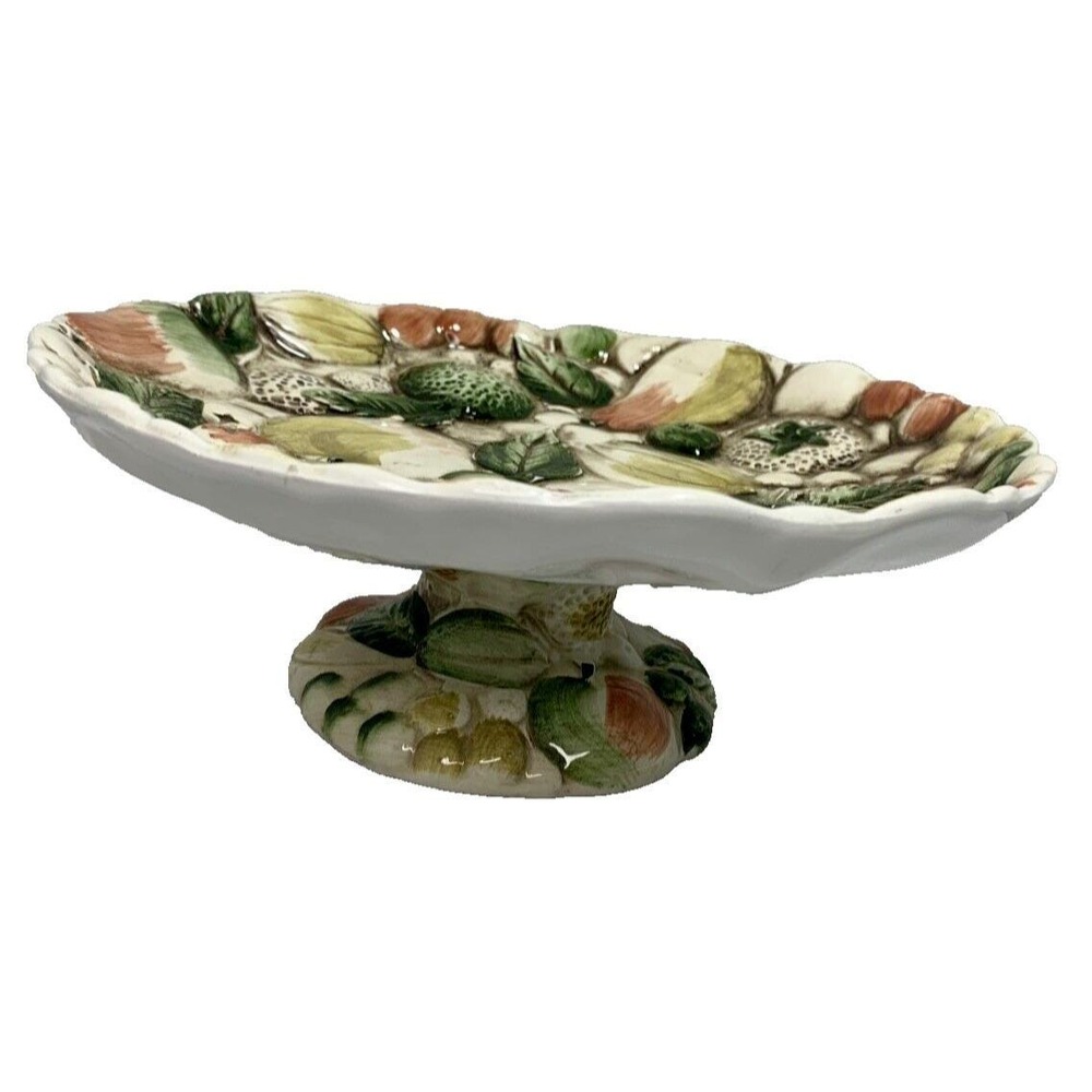 Lefton's Pedestal Dessert Plate Majolica Style Raised Fruit Design 8.5" Dia. VTG